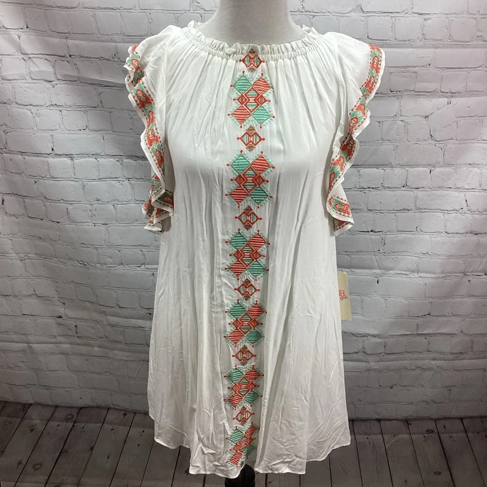 NWT Gianni Bini GB Girls XL White‎ Dress w/Embroidery Flutter Sleeves Lined